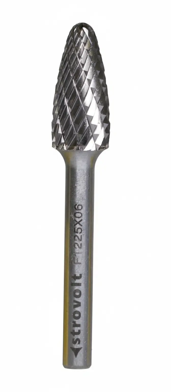 Strovolt Premium Tungsten Carbide Burr Shape F (Ball Nosed Tree) 12mm x 25mm 6mm Shank Double Cut Rotary File — front view — STROVOLT — Carbide Burr — Saudi Arabia