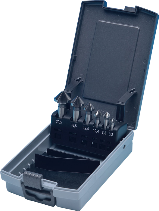 STROVOLT 6-piece HSS 90° countersink set with cylindrical shank for precise chamfering and deburring