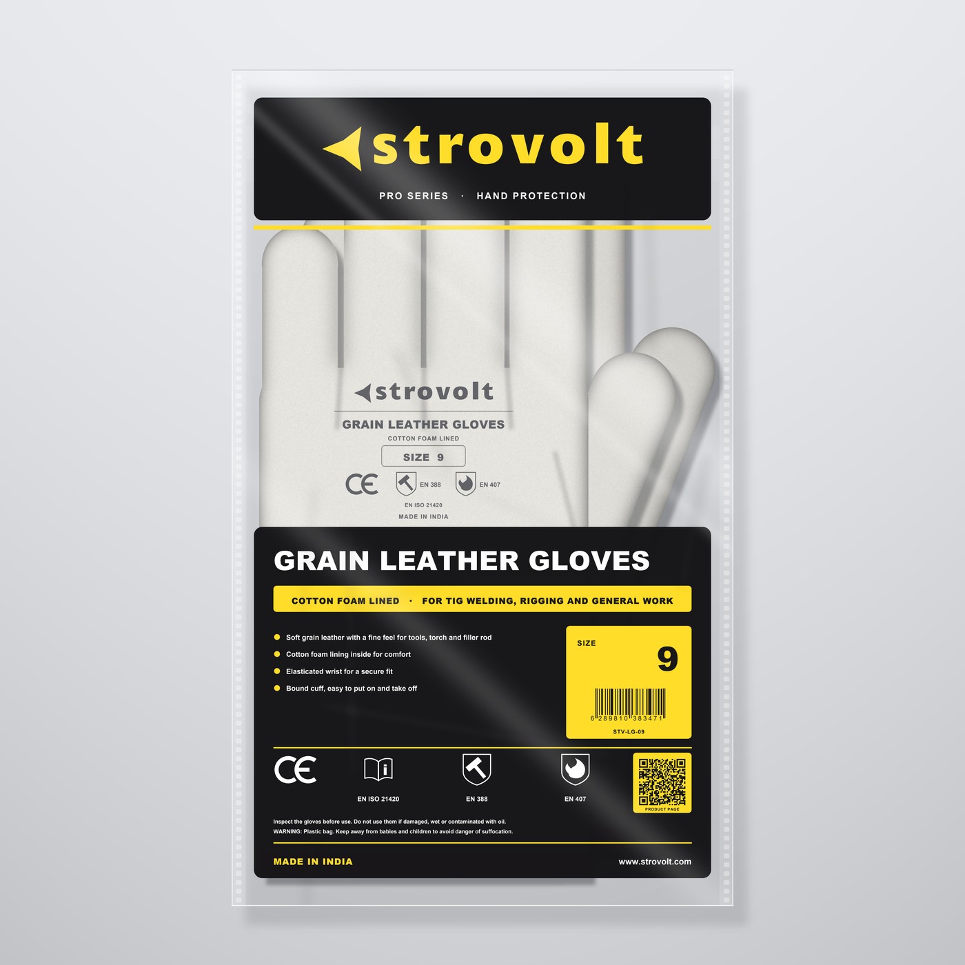 STROVOLT grain leather welding gloves size 9 cotton foam lined for warmth and comfort