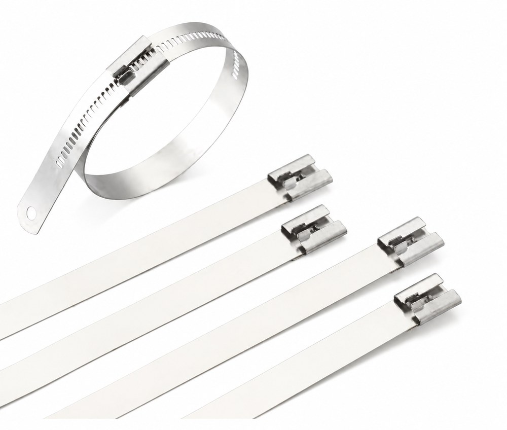 STROVOLT stainless steel ladder-style cable ties with multi-barb lock, 12x490mm durable heavy-duty fastening