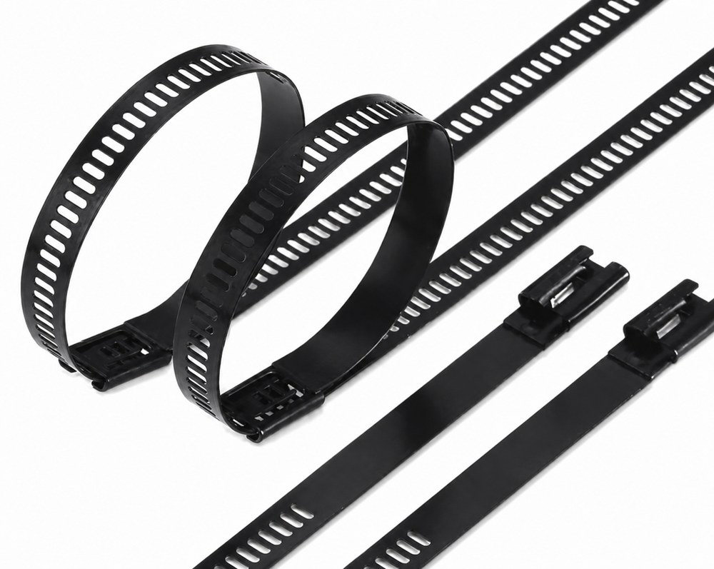 STROVOLT stainless steel PVC-coated cable ties, ladder-style multi-barb lock, 7×800mm durable heavy-duty fastening solution