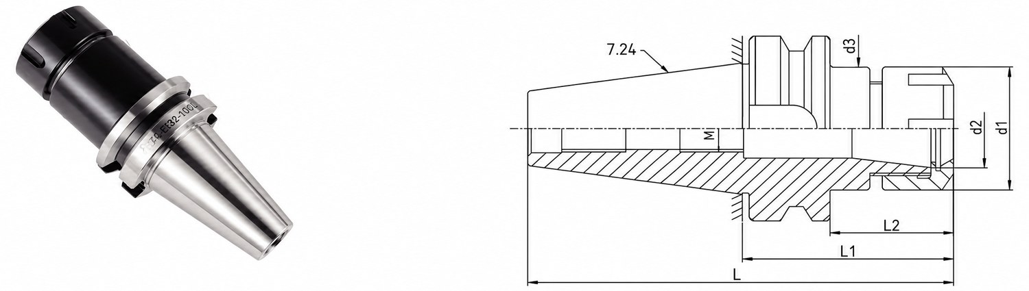 STROVOLT BT40-ER11 milling toolholder with precision clamping for BT40 spindles, 100mm length