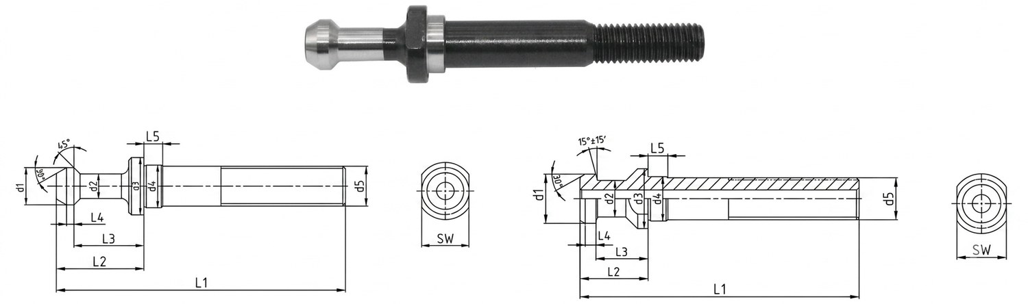 STROVOLT DIN/BT extended pull stud for Morse taper MT-40005-7 series, precision-threaded machine tool accessory
